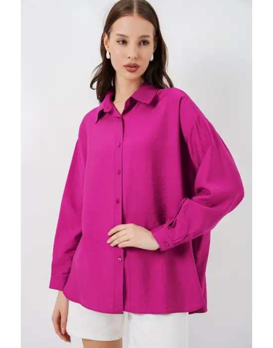 Uzun Oversize Gömlek 20334 - Koyu Pembe