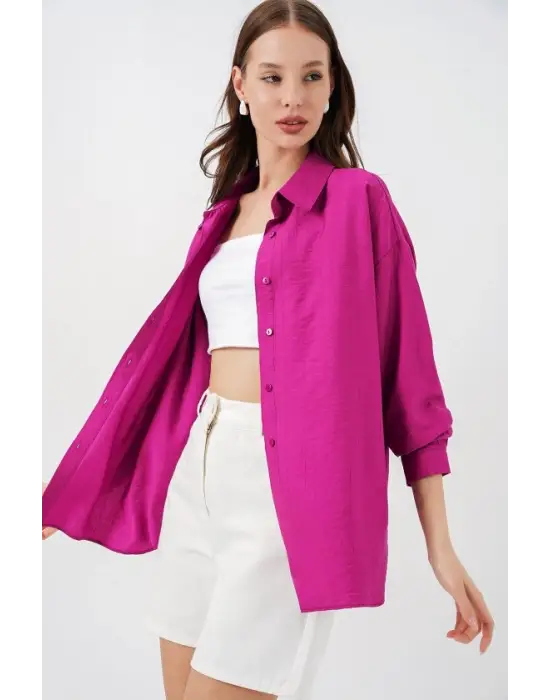 Uzun Oversize Gömlek 20334 - Koyu Pembe