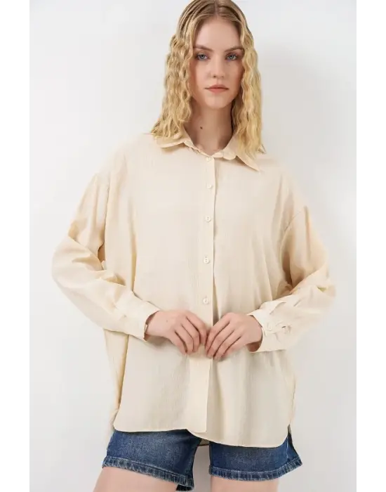 Uzun Oversize Gömlek 20334 - Krem