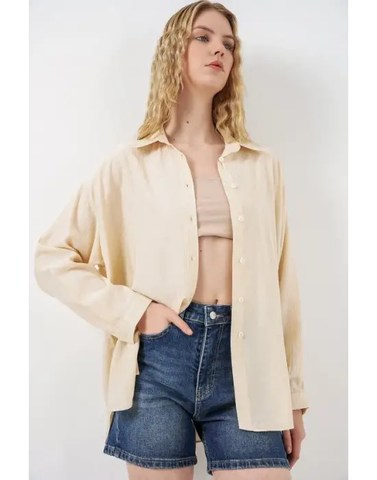 Uzun Oversize Gömlek 20334 - Krem