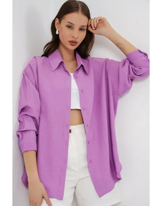 Uzun Oversize Gömlek 20334 - Lila