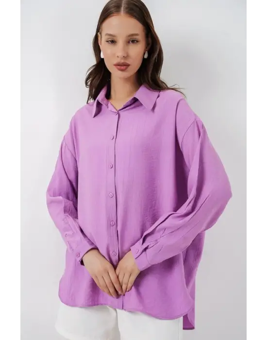 Uzun Oversize Gömlek 20334 - Lila