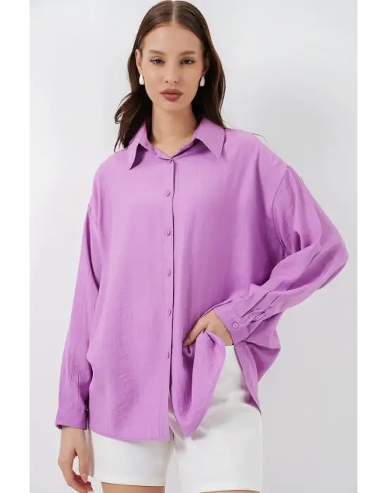 Uzun Oversize Gömlek 20334 - Lila