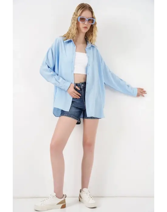 Uzun Oversize Gömlek 20334 - Mavi