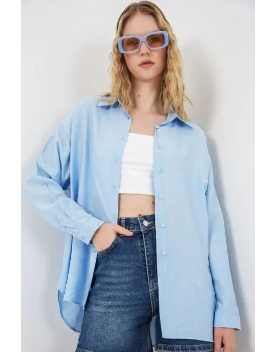 Uzun Oversize Gömlek 20334 - Mavi