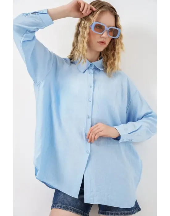 Uzun Oversize Gömlek 20334 - Mavi