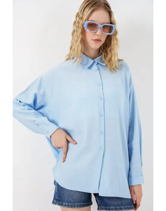 Uzun Oversize Gömlek 20334 - Mavi