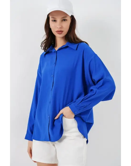 Uzun Oversize Gömlek 20334 - Saks