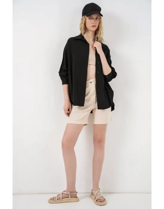 Uzun Oversize Gömlek 20334 - Siyah