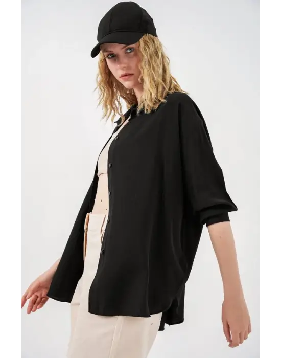 Uzun Oversize Gömlek 20334 - Siyah