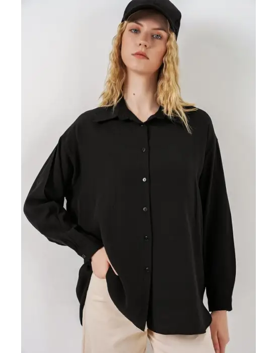 Uzun Oversize Gömlek 20334 - Siyah