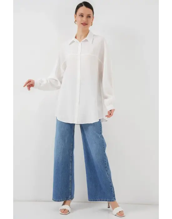 Uzun Oversize Gömlek 5965 - Beyaz
