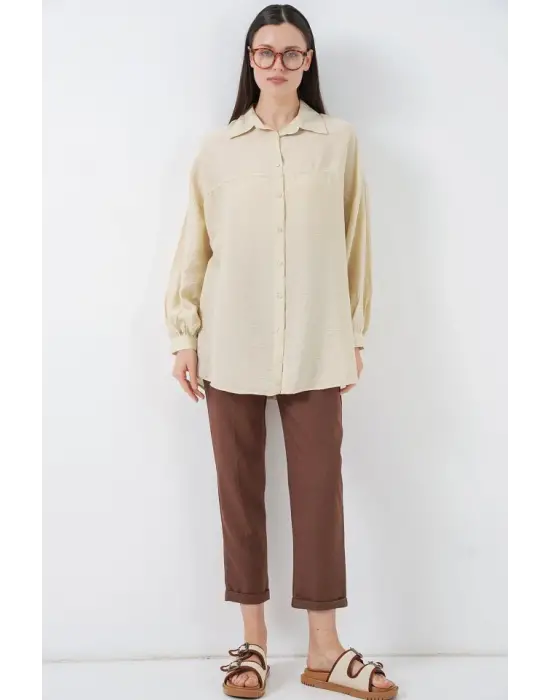 Uzun Oversize Gömlek 5965 - Ekru