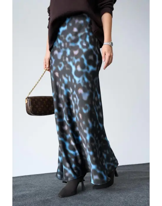 Omarı Zarif Saten Uzun Etek - Siyah ve Mavi