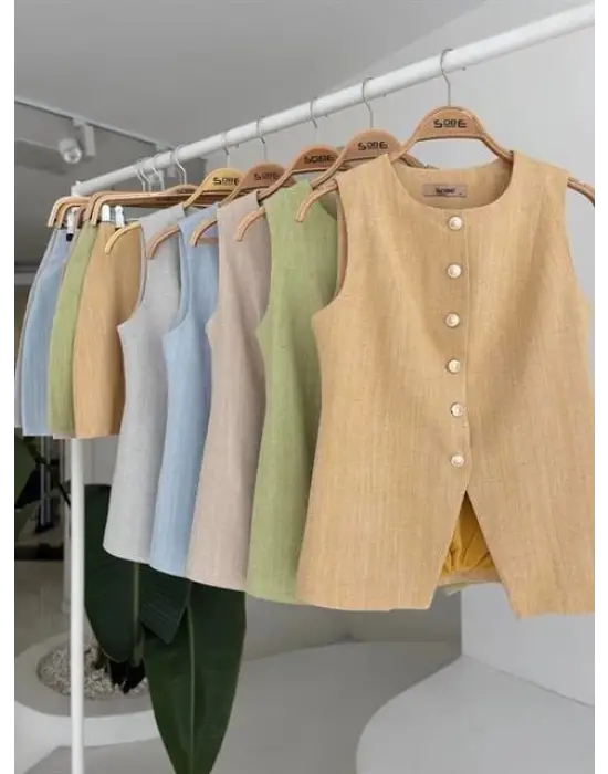 Uzun Yelek Mini Etek Flamlı Keten Takım 10148