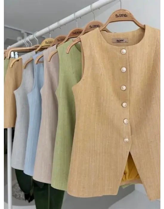 Uzun Yelek Mini Etek Flamlı Keten Takım 10148