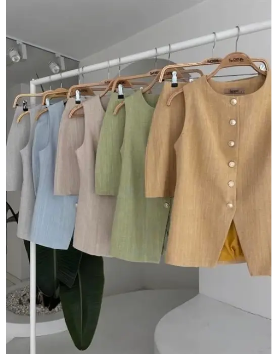 Uzun Yelek Mini Etek Flamlı Keten Takım 10148