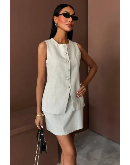 Uzun Yelek Mini Etek Flamlı Keten Takım 10148