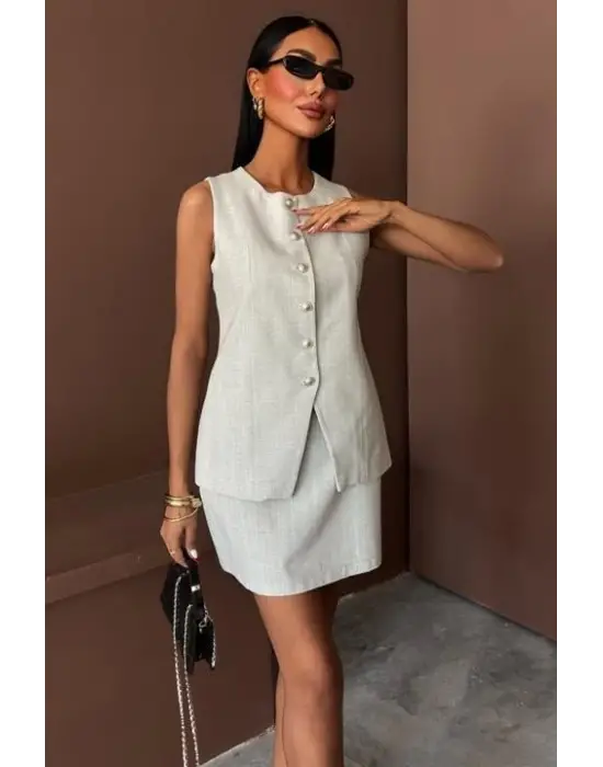 Uzun Yelek Mini Etek Flamlı Keten Takım 10148