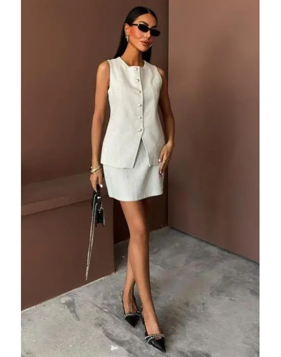 Uzun Yelek Mini Etek Flamlı Keten Takım 10148