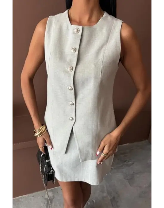 Uzun Yelek Mini Etek Flamlı Keten Takım 10148