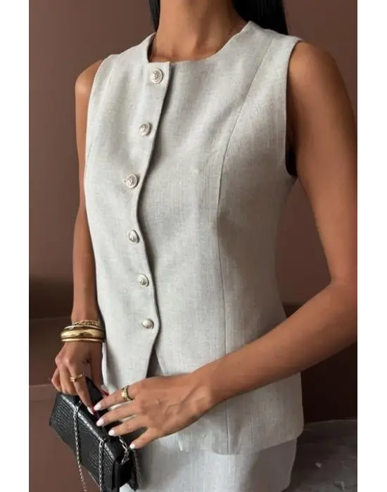 Uzun Yelek Mini Etek Flamlı Keten Takım 10148