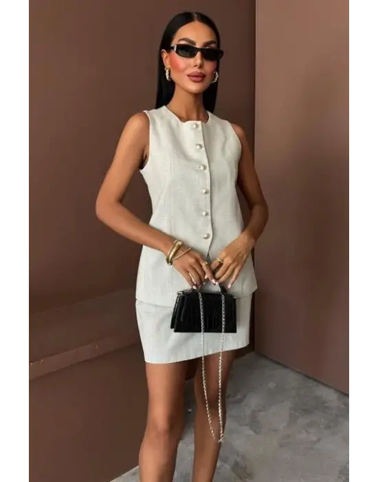 Uzun Yelek Mini Etek Flamlı Keten Takım 10148