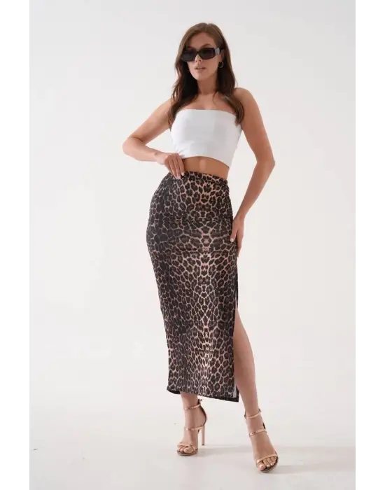 Omarı Leopar Desenli Uzun Yırtmaçlı İnce Kumaş Etek