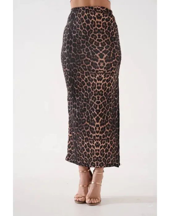 Omarı Leopar Desenli Uzun Yırtmaçlı İnce Kumaş Etek