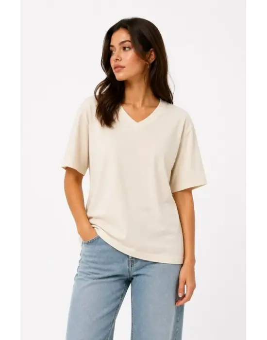 V Yaka Basic Tişört Kısa Kol Yazlık Regular Fit T-Shirt - Bej