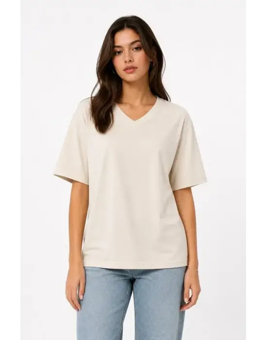 V Yaka Basic Tişört Kısa Kol Yazlık Regular Fit T-Shirt - Bej