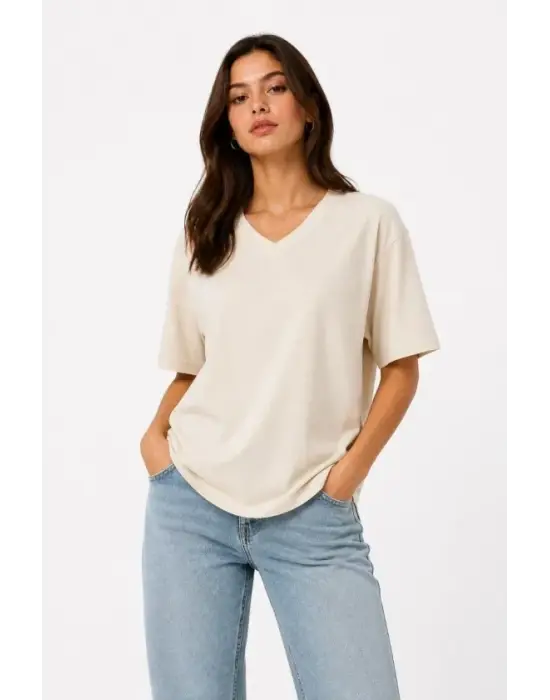 V Yaka Basic Tişört Kısa Kol Yazlık Regular Fit T-Shirt - Bej