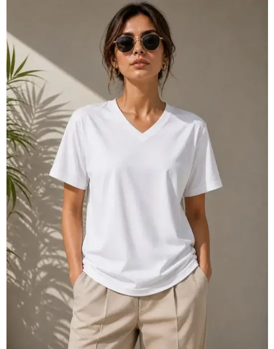 V Yaka Basic Tişört Kısa Kol Yazlık Regular Fit T-Shirt - Beyaz