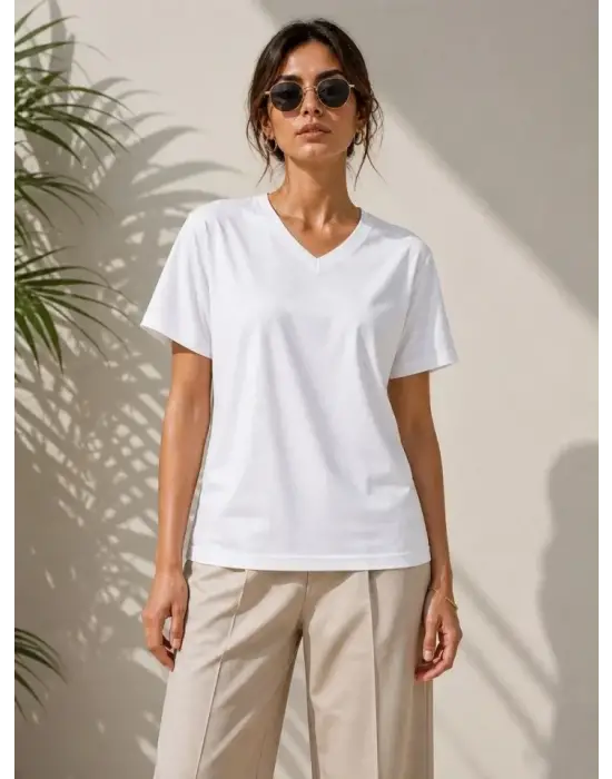 V Yaka Basic Tişört Kısa Kol Yazlık Regular Fit T-Shirt - Beyaz
