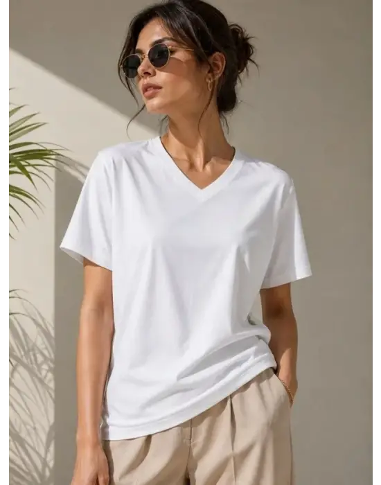 V Yaka Basic Tişört Kısa Kol Yazlık Regular Fit T-Shirt - Beyaz