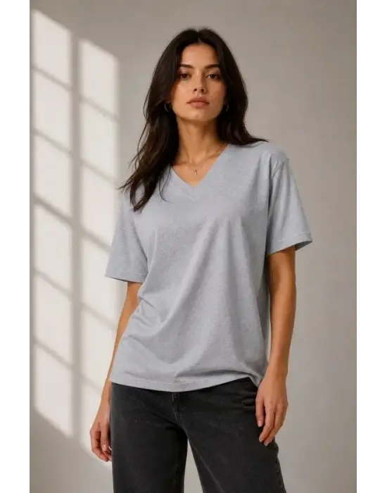 V Yaka Basic Tişört Kısa Kol Yazlık Regular Fit T-Shirt - Gri