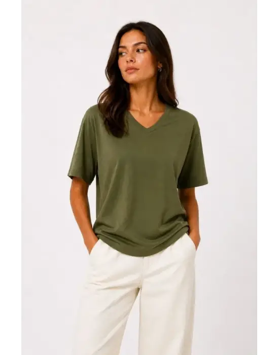V Yaka Basic Tişört Kısa Kol Yazlık Regular Fit T-Shirt - Haki