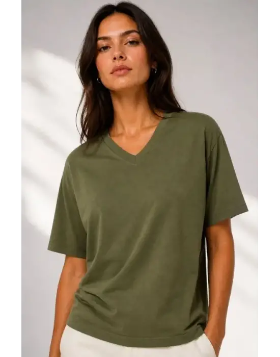V Yaka Basic Tişört Kısa Kol Yazlık Regular Fit T-Shirt - Haki