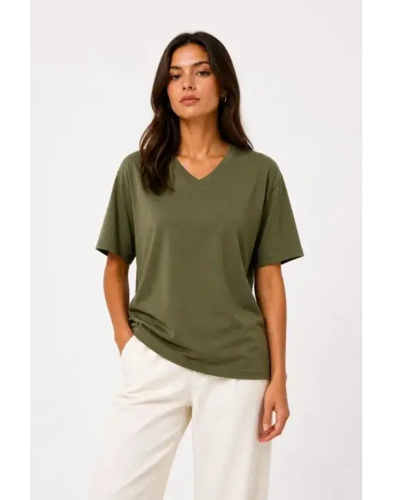 V Yaka Basic Tişört Kısa Kol Yazlık Regular Fit T-Shirt - Haki