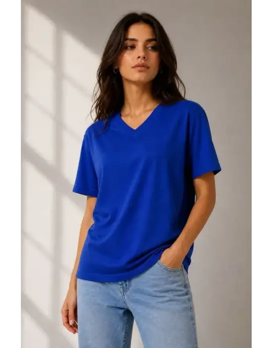 V Yaka Basic Tişört Kısa Kol Yazlık Regular Fit T-Shirt - Saks Mavisi