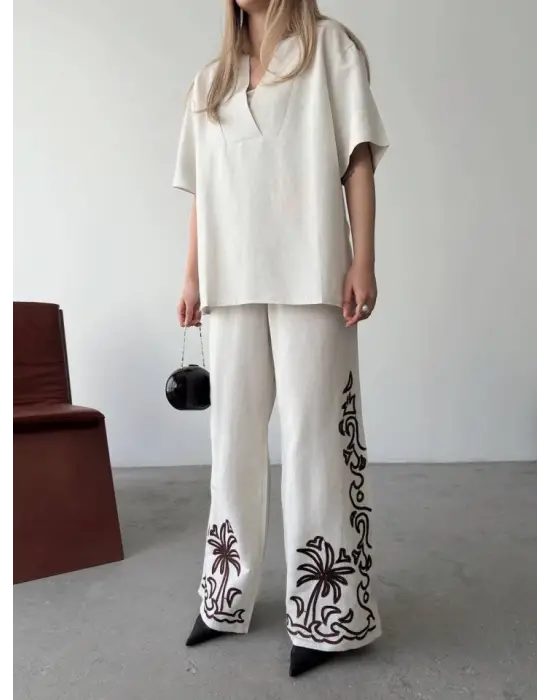 Omarı Şık Keten Ikili Takım - Beyaz