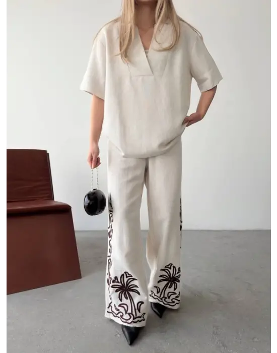 Omarı Şık Keten Ikili Takım - Beyaz