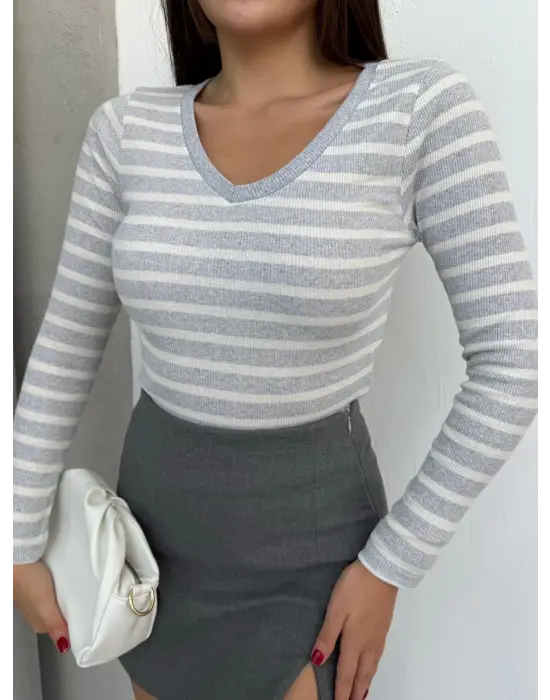 V yaka çizgili bluz gri A3699