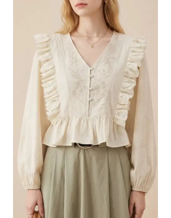 V Yaka Dantel Detaylı Nakışlı Balon Kol Keten Gömlek -Bej