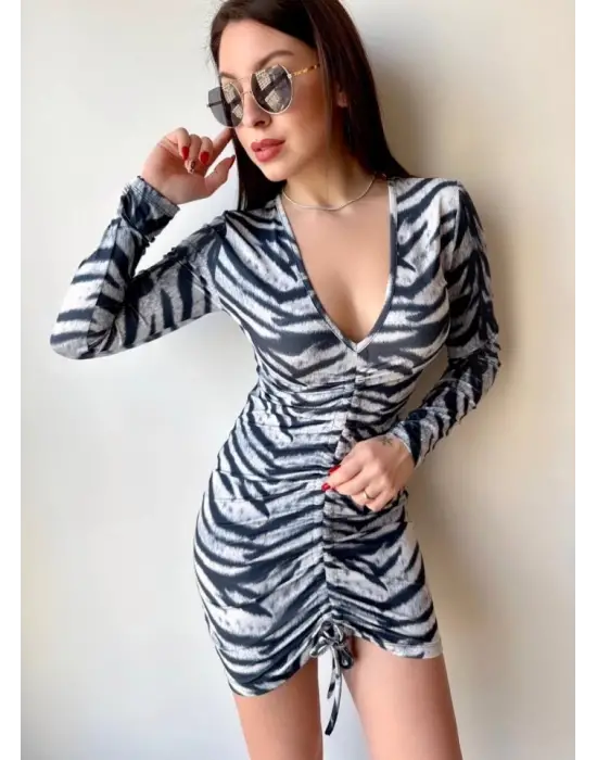 Omarı Zebra Desenli V Yaka Kadın Mini Elbise