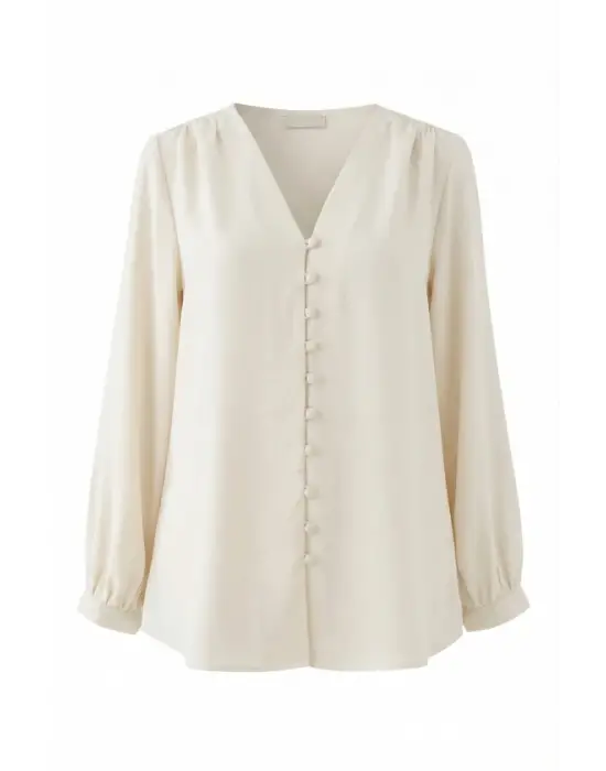 V Yaka Düğmeli Arkası Uzun Gömlek -Ekru