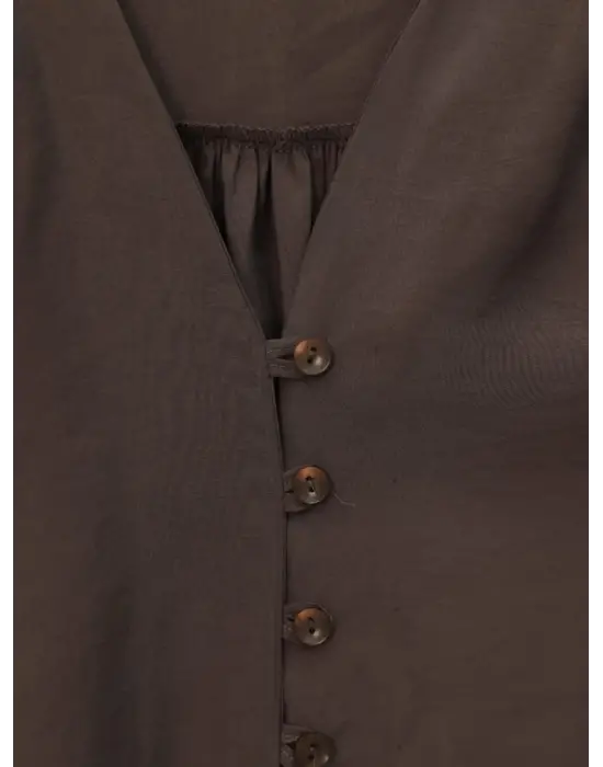 V Yaka Düğmeli Arkası Uzun Gömlek -Kahve