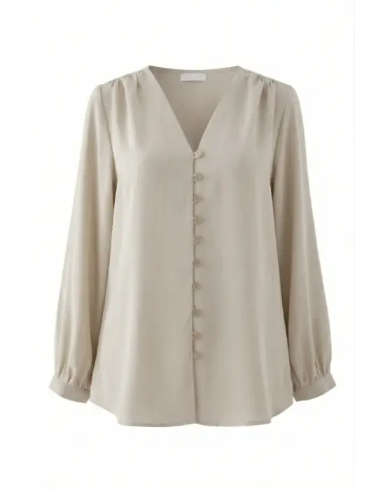 V Yaka Düğmeli Arkası Uzun Gömlek   -Krem