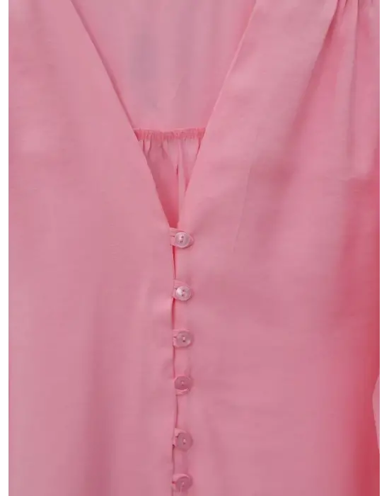 V Yaka Düğmeli Arkası Uzun Gömlek -Pembe