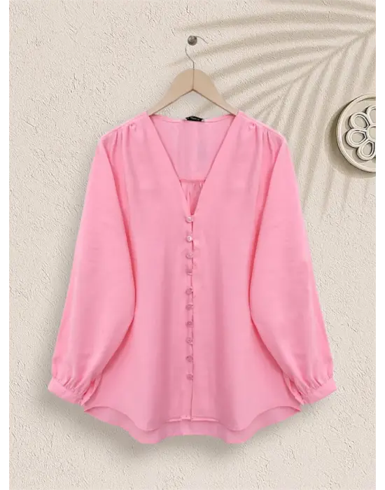 V Yaka Düğmeli Arkası Uzun Gömlek -Pembe